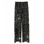 Black sequin pants with sparkling embellishments for women, stylish party wear.