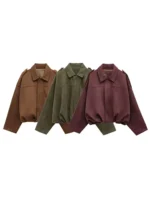 Soft suede jackets in brown, green, and maroon with a stylish, casual design. Perfect for everyday wear and layering.