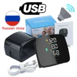Digital blood pressure monitor with USB charging and Russian voice function.