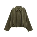 Oversized green suede jacket with shoulder epaulets and front zipper.