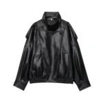 Black leather biker jacket for women and men, stylish and durable fashion piece.